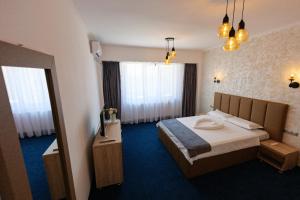 a hotel room with a bed and a bathroom at Hotel Villa Ovidiu in Drobeta-Turnu Severin