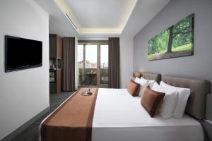 イスタンブールにあるPlus Hotel Bostanci Atasehirのベッドとテレビが備わるホテルルームです。
