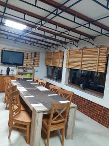 a large table in a room with chairs and a television at Complex Turistic Essenza in Murighiol