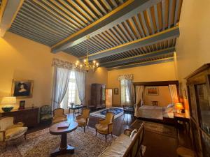 a large living room with a bed and a couch at Château de Rousson in Rousson