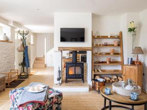 a living room with a fireplace and a tv at Apple Store Cottage in Charlbury