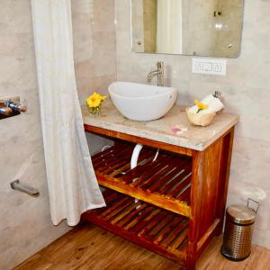 a bathroom with a sink and a mirror at Jasmin Villa in Hampi
