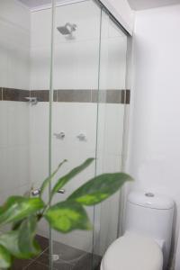 een badkamer met douche, toilet en plant bij Primavera Hotel in Medellín +34 foto's