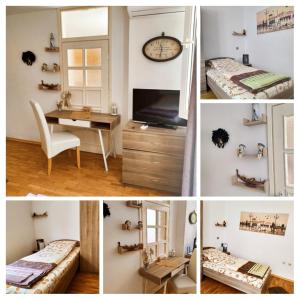 un collage di foto di una camera con scrivania e orologio di Apartament Bogoslovovi a Varna