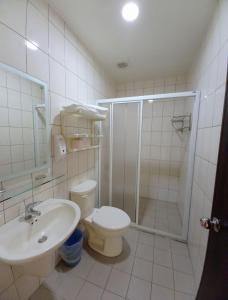a bathroom with a shower and a toilet and a sink at Very Happy Homestay in Pingxi