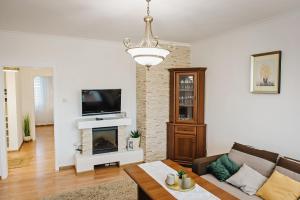 a living room with a couch and a fireplace at Apartament Witkiewicza Sanok in Sanok
