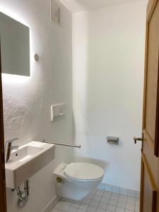 a white bathroom with a toilet and a sink at Großzügige Ferienwohnung am Tegernsee mit Südbalkon und Wallbergblick in Bad Wiessee