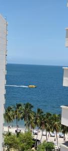 łódź w oceanie z palmami na plaży w obiekcie Espectacular, amplio y hermoso apartamento en condominio al frente de la playa El Rodadero w mieście Santa Marta