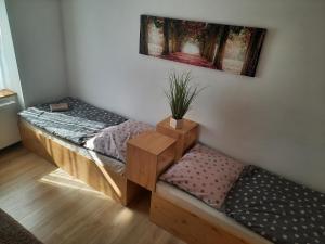 a bedroom with two beds and a plant on the wall at Apartman U Adamov in Liptovský Mikuláš