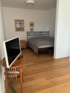 1 dormitorio con 1 cama y escritorio con TV en byt Panorama Hlubočepy, en Praga