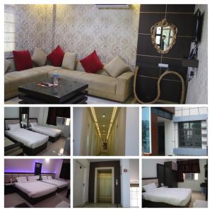 a collage of four pictures of a living room at Hotel Golden sky in Lucknow