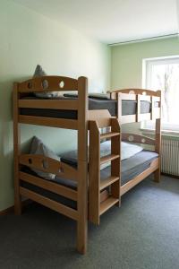 two bunk beds in a room with a window at Hotel Check-Rhein - Self Check-in in Neuenburg am Rhein