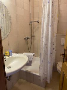 a bathroom with a sink and a shower and a toilet at Apartmenthaus Punta **** in Splitska