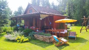 a small house with a table and an umbrella at Podlaskie Żuczki in Żuki