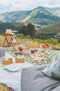 une table avec des plaques alimentaires au-dessus d'un champ dans l'établissement Casa do Arco by Douro Exclusive, à São Cristóvão do Douro