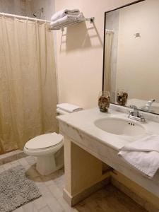 a bathroom with a sink and a toilet and a mirror at Depa vista al mar in Playa del Carmen