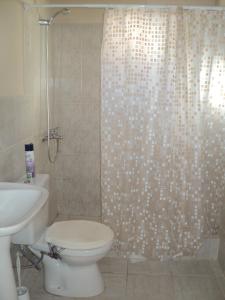 ein Badezimmer mit Toilette und Duschvorhang in der Unterkunft Dptos Kandava San Antonio Este in San Antonio Este