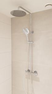 a shower with a shower head in a bathroom at Logeren bij Grea in Zwartsluis