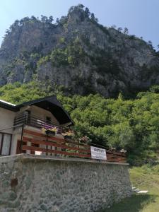 a house on a wall with a mountain in the background at Apartmani Tara i Zabojsko Dobrilovina in Mojkovac