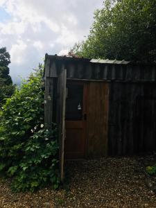 a small wooden shed with a door in a yard at The Dainty Den in Twitchen