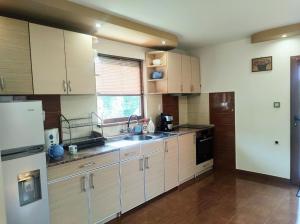 a kitchen with wooden cabinets and a sink and a refrigerator at Holiday Home Veli in Sapareva Banya
