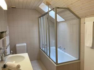 a bathroom with a shower and a tub and a sink at Ferienwohnung Chirchgass in Meiringen
