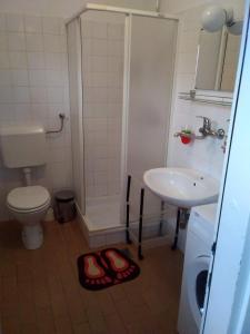 La salle de bains est pourvue de toilettes et d'un lavabo. dans l'établissement Čebelica, apartma 101, Terme Čatež, à Brežice