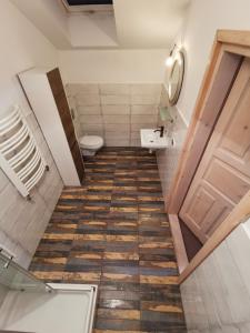 La salle de bains est pourvue de toilettes et d'une porte. dans l'établissement Apartament Metamorfoza, à Nowy Targ