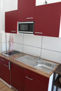 eine Küche mit einer Spüle und einer Mikrowelle in der Unterkunft Pension Budissin in Bautzen