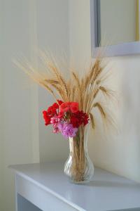 Sunbay Apartments في بيلا: مزهرية مع الزهور الحمراء والأرجوانية على طاولة