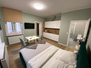 1 dormitorio con 1 cama y 1 mesa con sillas en Apartament Kleopatra, en Gniezno