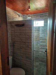 a bathroom with a glass shower with a toilet at CHALÉS DA VILLA in Vale do Capao