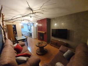 a living room with a couch and a flat screen tv at LA LEYENDA DEL CURAVACAS in Alba de los Cardaños