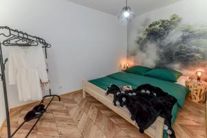 a bedroom with a bed with green sheets and a cat laying on it at Apartamenty Świętokrzyska in Leszno
