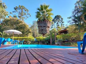 a pool with blue chairs and an umbrella and palm trees at Pousada Recanto da Montanha in Visconde De Maua