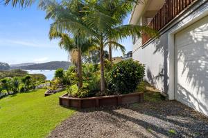 a house with a palm tree on the side of it at Ota Point Paradise - Whangaroa Holiday Home in Whangaroa