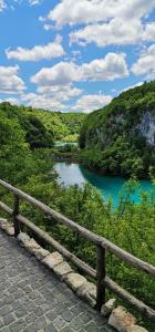 Blick auf einen Fluss mit einem Holzzaun in der Unterkunft Apartman NINA in Ličko Petrovo Selo