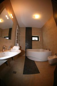 un ampio bagno con due lavandini e una vasca di Timis Valley, Casa Eni&Dan a Predeal