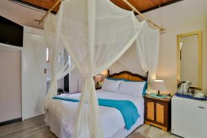 a bedroom with a bed with mosquito netting at Fisherhaven Travellers Lodge in Hermanus