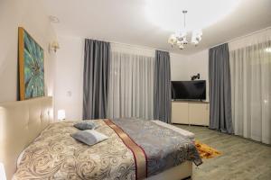 a bedroom with a bed and a flat screen tv at Anastasia Mountain Apartment - Poiana Brasov in Braşov
