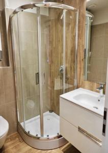 a bathroom with a shower and a sink and a toilet at Yanov's Homestay in Varna City