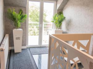 a staircase with two potted plants in a room at A klub apartmani in Mrčajevci