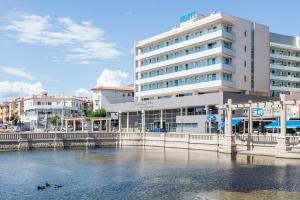dos patos en el agua frente a un edificio en Hotel Balneario Playa de Comarruga, en Comarruga