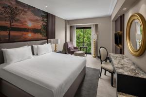 サパンジャにあるNG サパンジャ ウェルネス ＆ コンベンションのベッドとデスクが備わるホテルルームです。