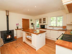 a large kitchen with a stove in the middle at Nattaden Fourwinds in Okehampton