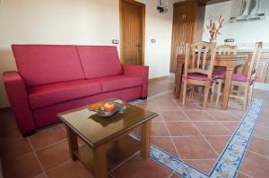 sala de estar con sofá rojo y mesa en Apartamentos Turisticos Sanahuja, en Valbona