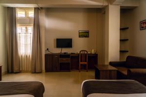 a living room with a couch and a television at Hotel Ariel in Kohīma