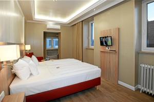 a hotel room with a bed and a television at Hotel Danner in Rheinfelden