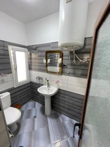 a bathroom with a sink and a toilet and a mirror at Hotel Osumi in Çorovodë