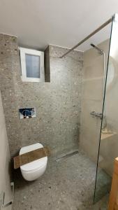 a bathroom with a toilet and a shower with a window at Alexandra's Boutique House in Triovasálos +16 photos